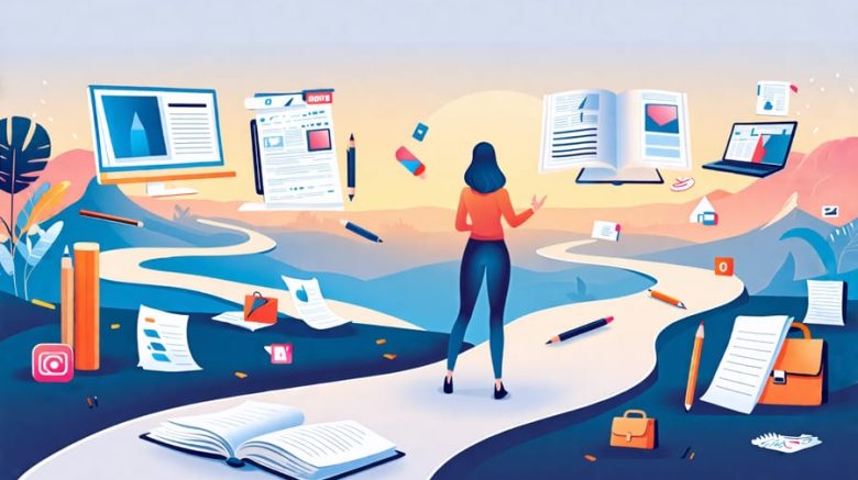 A conceptual image showing a new freelance writer at the start of a path filled with writing tools leading to successful writing gigs, symbolizing a pathway to success.