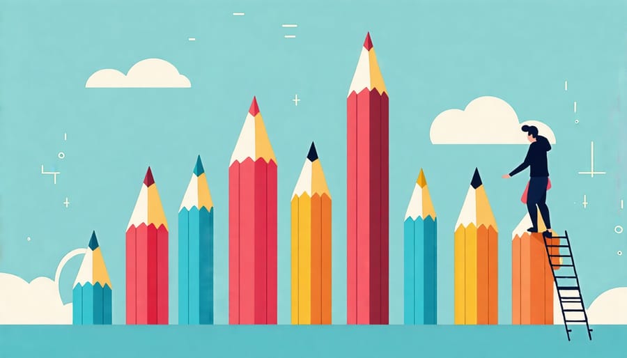 Conceptual depiction of developing writing skills with person climbing pencil ladder