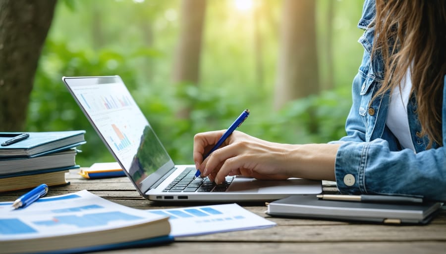 Freelance environmental writer working outdoors with laptop and research materials