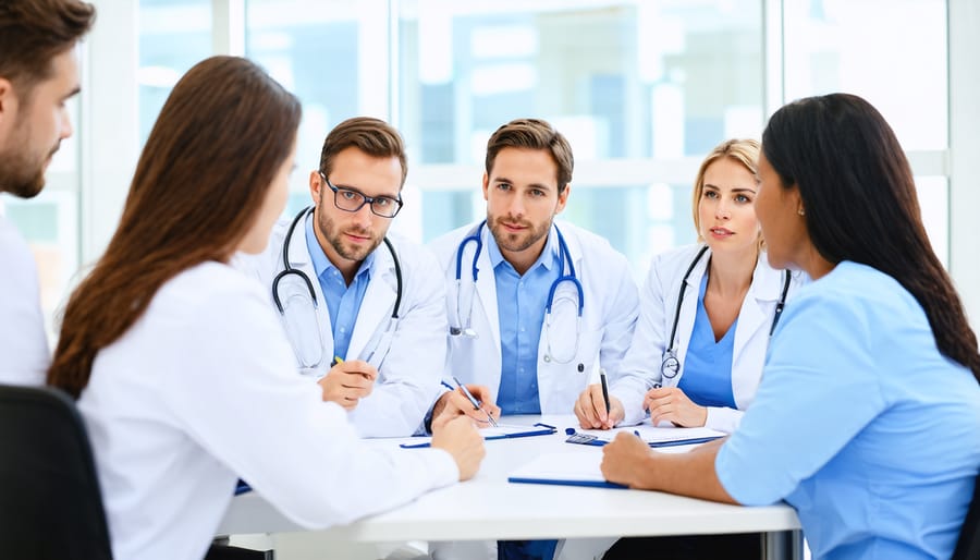 Group of healthcare professionals working together on medical writing assignments