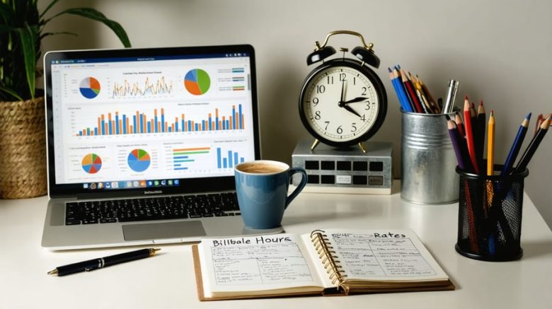 An arranged workspace illustrating time management with a clock, laptop displaying productivity data, and notepad labeled with billable hours and rates, representing the theme of boosting freelance writing income through effective time tracking.