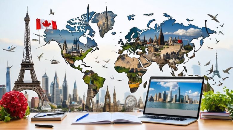 A Canadian freelance writer working on a laptop with multilingual documents surrounded by symbols and landmarks from various countries, representing global connectivity and cultural awareness.