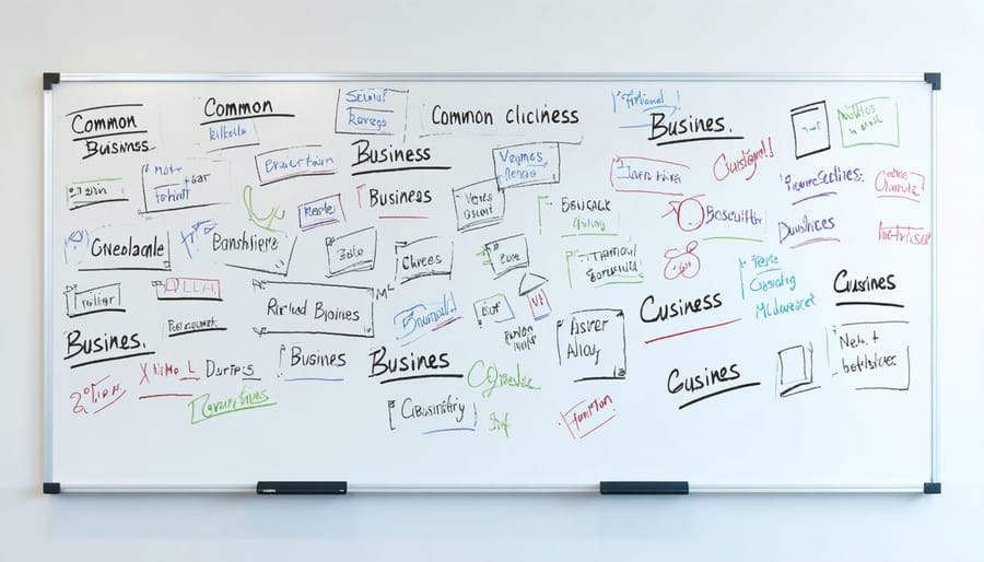 Business whiteboard showing crossed-out phrases like 'think outside the box' and 'low-hanging fruit' with creative alternatives