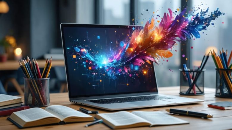 Professional writer transforming complex data into compelling storytelling using vibrant visualizations; representing the integration of data and creativity.