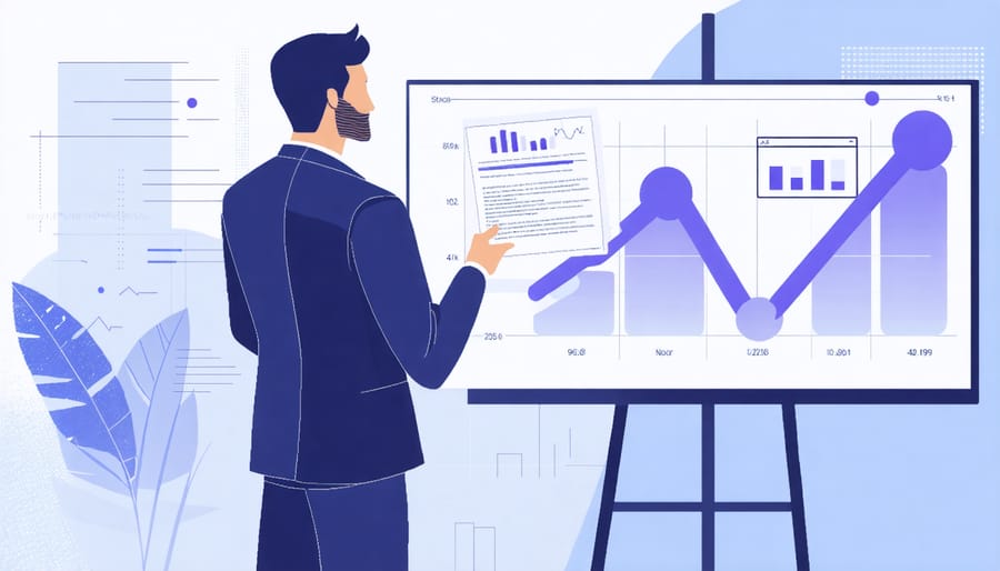 Writer pitching data storytelling project to potential clients in a modern office setting