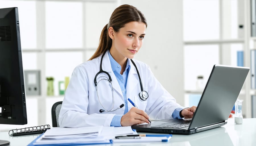 Medical writer reviewing healthcare documentation while working on a laptop