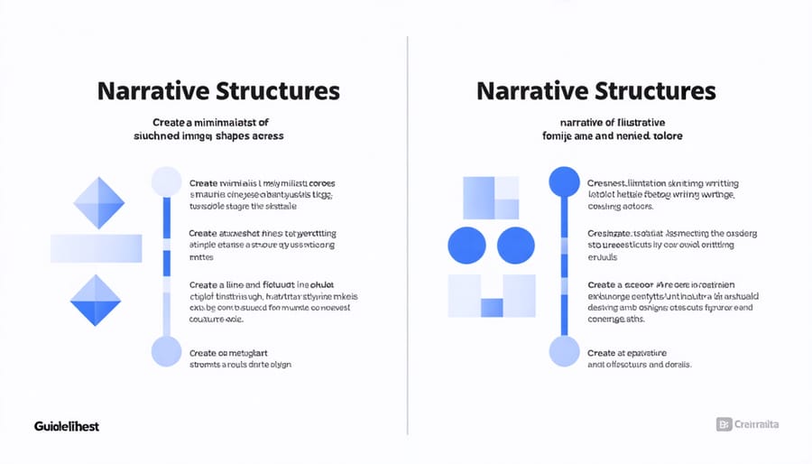 Side-by-side comparison showing how narrative structure adapts across novels, articles, and blog posts
