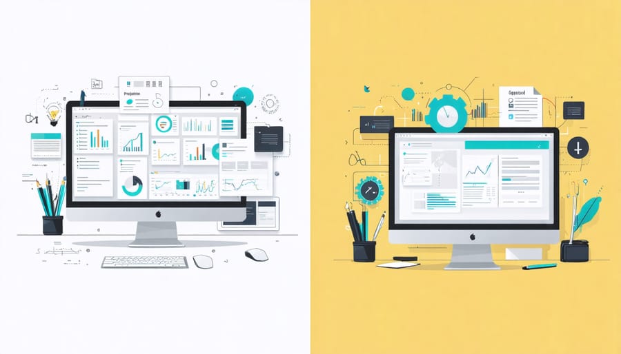 Comparison of organized and disorganized freelance writer workspaces featuring project management software