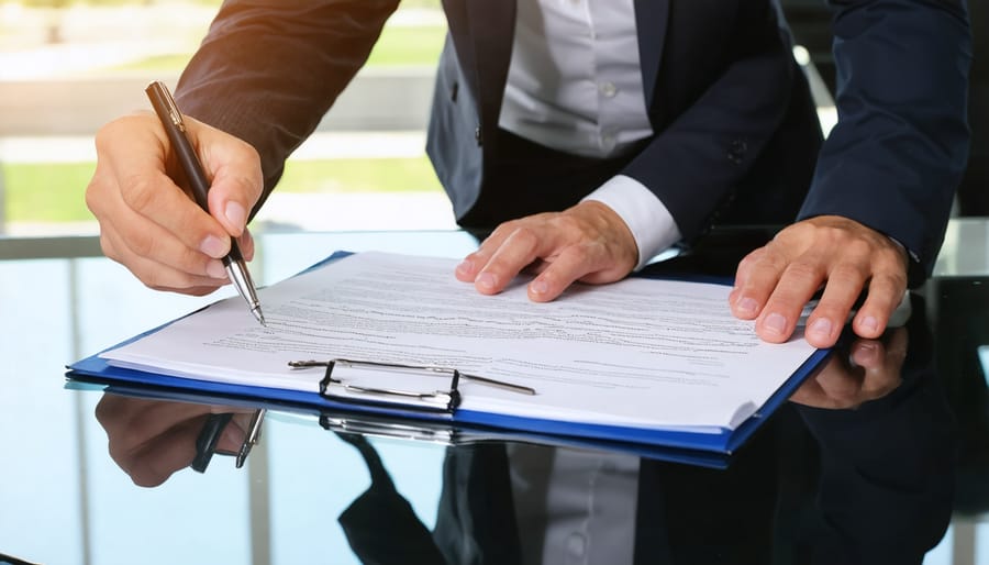 Business professional discussing contract terms in a modern office setting