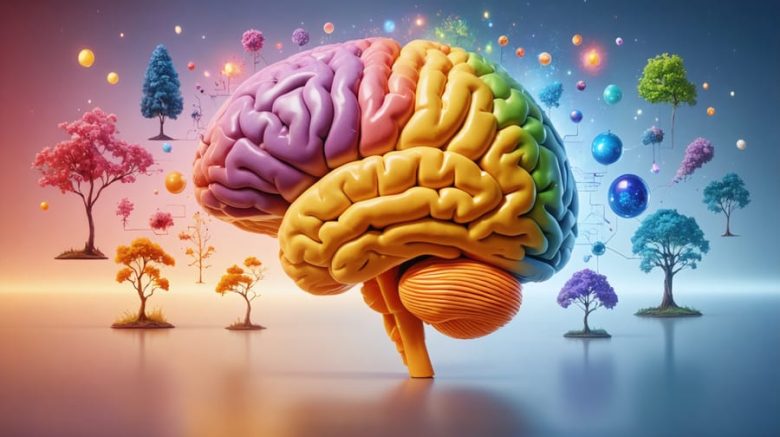 Conceptual illustration of the human brain with highlighted sensory processing regions, visually representing the interconnectedness of the seven senses in storytelling.