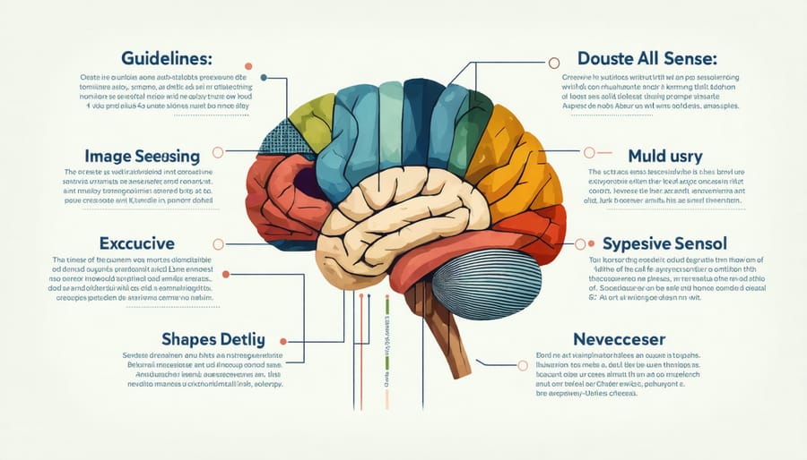 Artistic illustration of human brain regions showing how different senses are processed