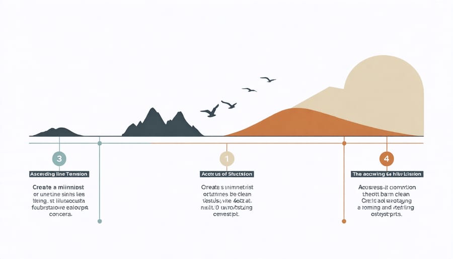 Infographic showing setup, confrontation, and resolution stages of three-act structure with rising action curve