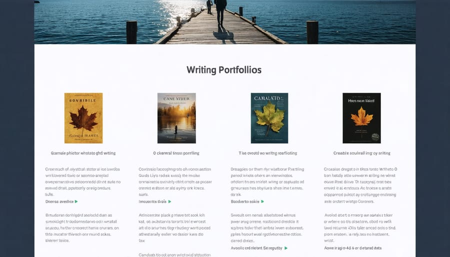 Grid layout showing various writing portfolio examples with inclusive imagery and diverse representation