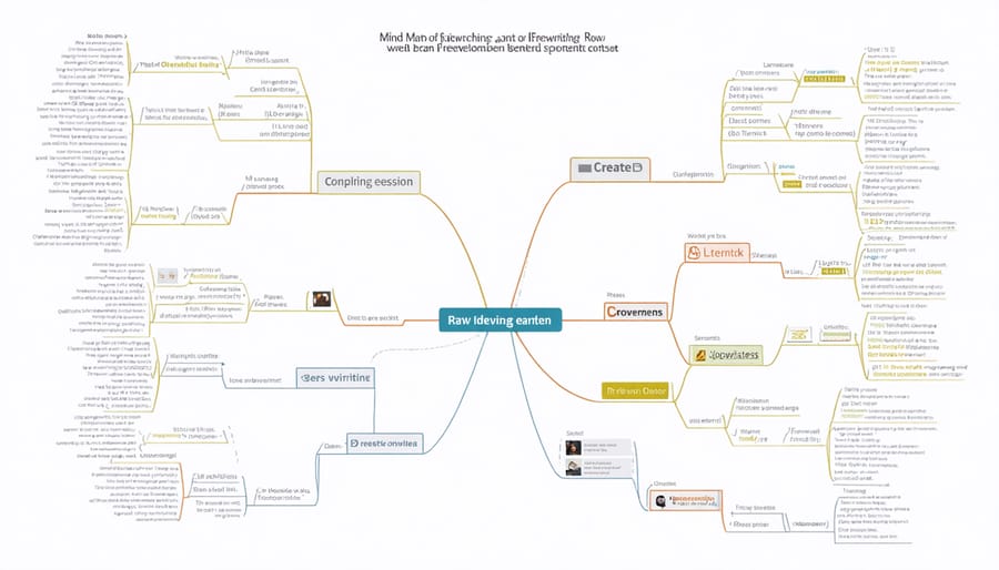 Visual diagram showing transformation of freewriting into structured content ideas