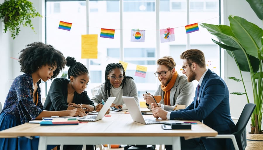 Diverse group of professionals working together in an LGBTQ+ friendly office environment
