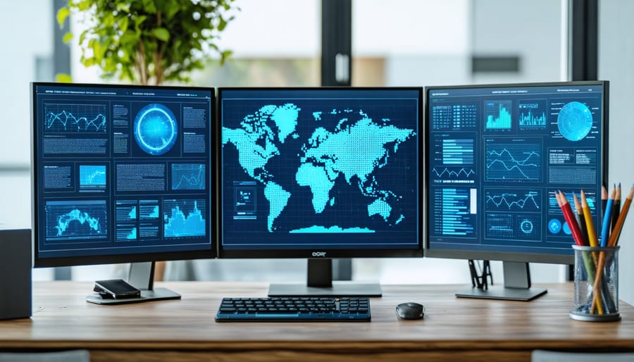 Technical writer working from home office with technical documentation displayed across monitors