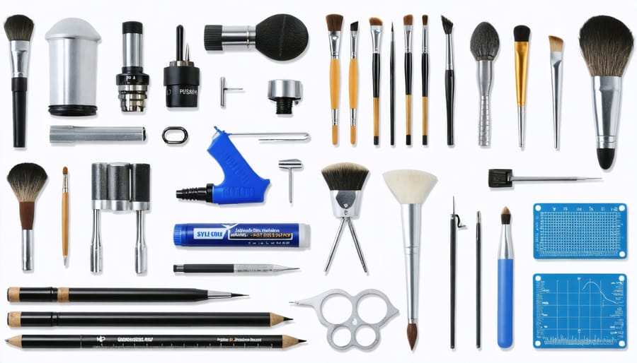 Various technical editing tools and resources arranged on a desk