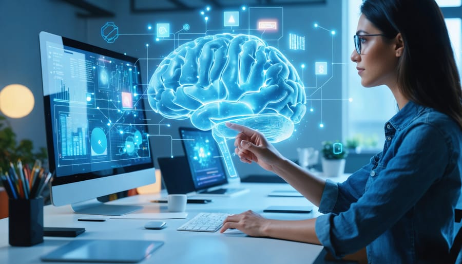 Writer interacting with a three-dimensional AR mind map showing connected ideas and concepts