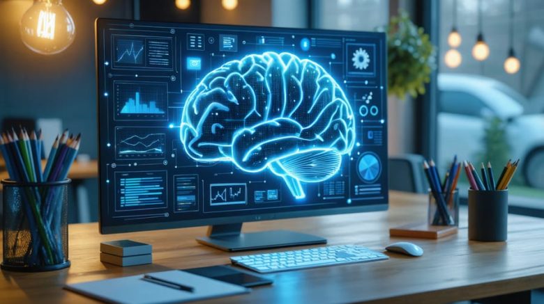 A content writer at a desk interacting with AI analytics on a computer screen, illustrating the integration of AI tools in modern writing.