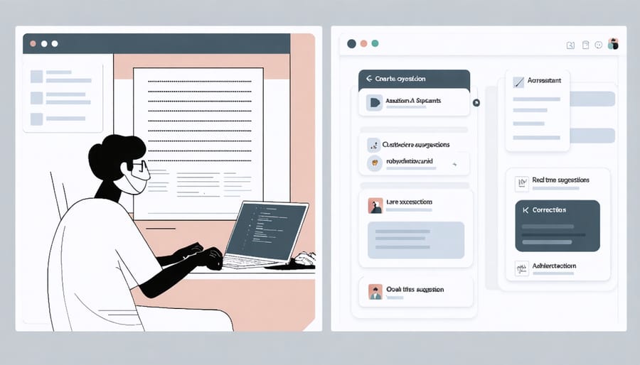 Side-by-side comparison of writer using AI writing assistant with real-time suggestions