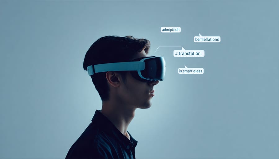 Writer using AR smart glasses showing real-time language translation overlays