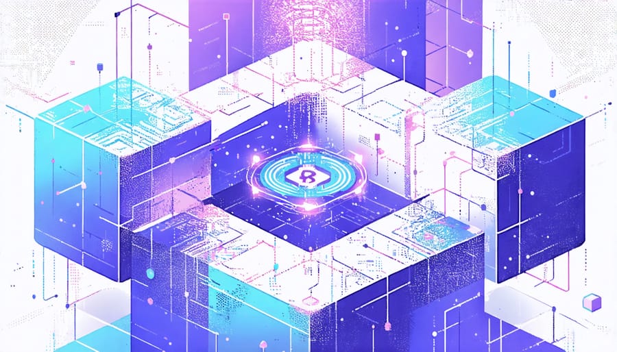 Abstract visualization of document blocks connected in a blockchain with encryption symbols