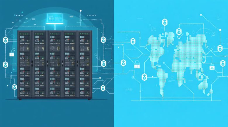 A conceptual split-screen image contrasting traditional centralized database servers with a decentralized blockchain network, highlighting the differences in architecture and security.