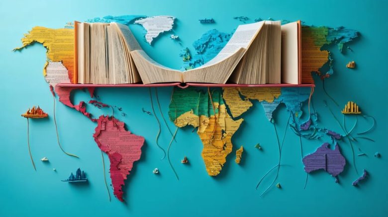 Conceptual image of a bridge made of books over a world map, decorated with cultural symbols and interconnected text strings, representing the role of diaspora stories in connecting global cultures through literature.