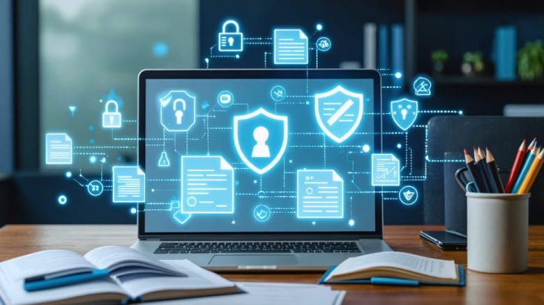 A conceptual illustration showing a Canadian freelance writer with a laptop displaying shield icons over digital documents, representing content protection and privacy in the digital workspace.