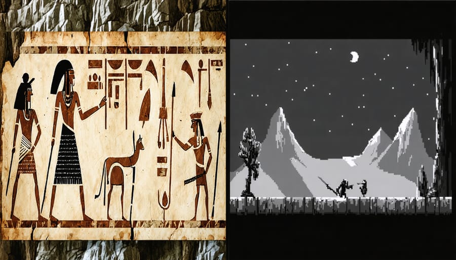 Comparison of Lascaux cave art hunting scene next to a video game character hunting scene