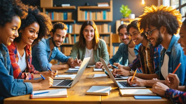 A diverse group of writers collaborates around a large table filled with laptops and notebooks, engaged in lively discussion in a warmly lit room with bookshelves in the background.