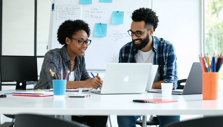 Group of diverse writers working together in a collaborative workspace setting