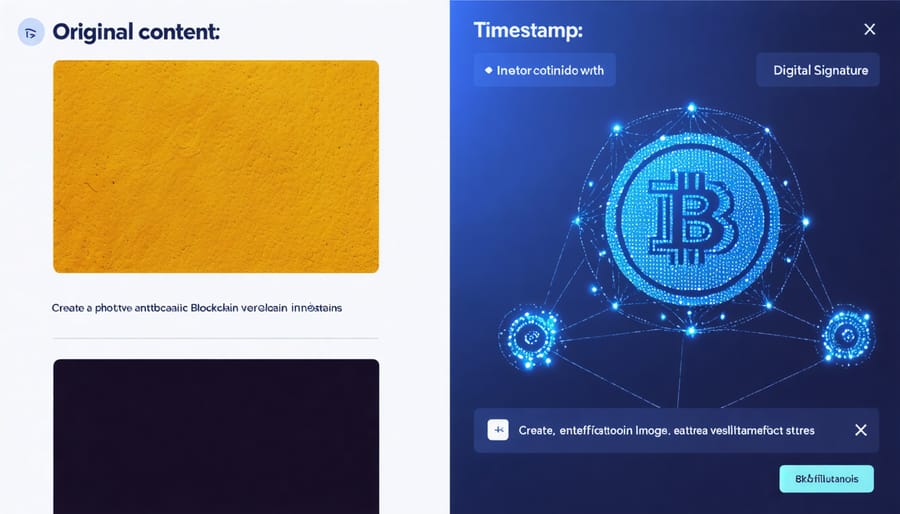 Side-by-side comparison of content authentication process using blockchain