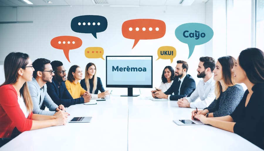 Multicultural team communicating with speech bubbles showing different languages and writing systems