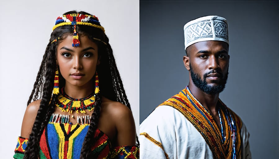 Dual portrait illustrating cultural identity through contrasting traditional and modern dress