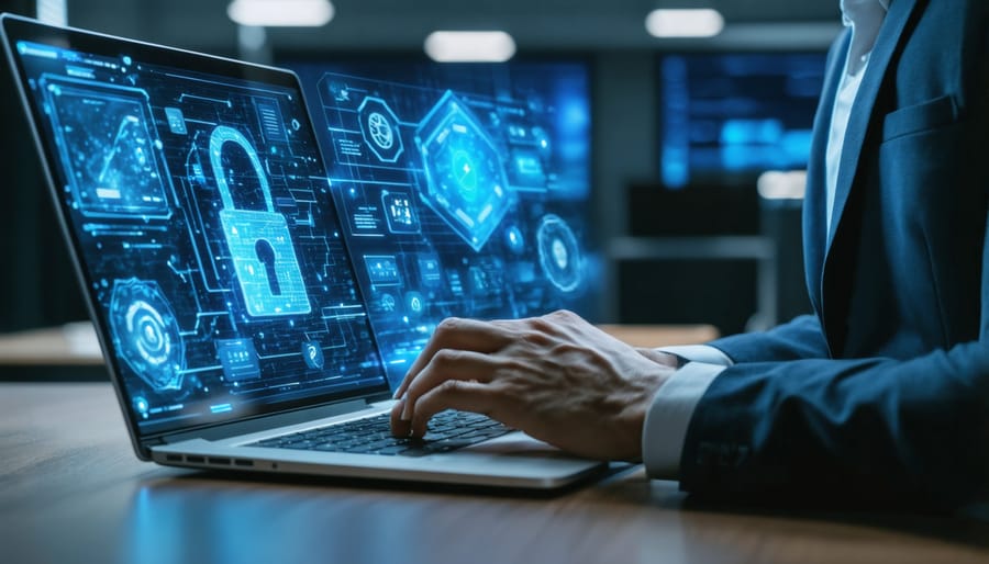 Cybersecurity professional working on laptop with security monitoring dashboard
