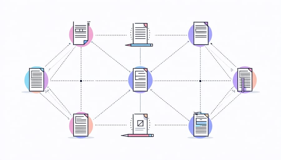 Visualization of decentralized social network nodes connected by glowing lines with writing icons