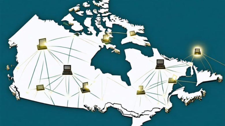 A conceptual illustration of a network showing interconnected nodes with writing symbols like pens and typewriters over a map of Canada, representing the decentralized content distribution for writers.