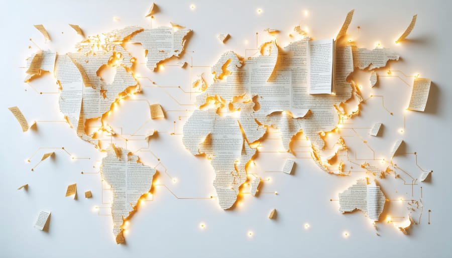 Abstract visualization of global literary connections with illuminated pathways between continents and floating pages of text