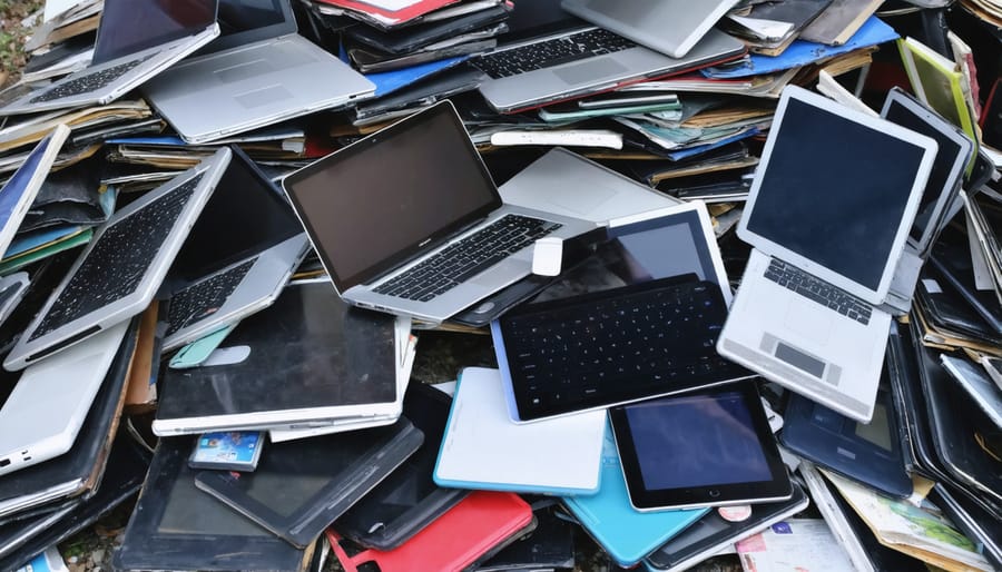 Large pile of obsolete electronic devices including laptops, tablets, and smartphones