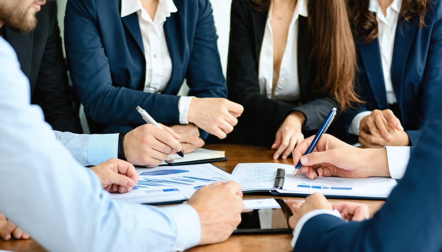Multicultural business team collaborating at a conference table, showing respectful engagement