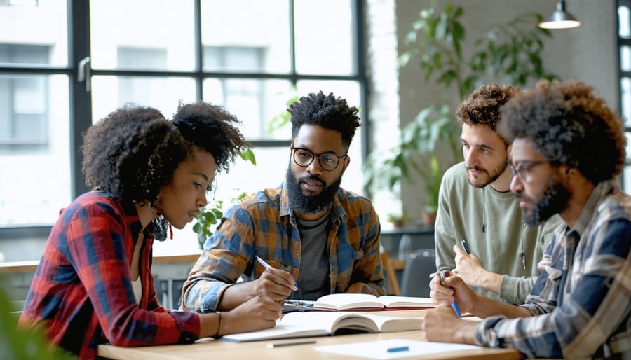 Multi-ethnic group of freelance writers working together at shared workspace