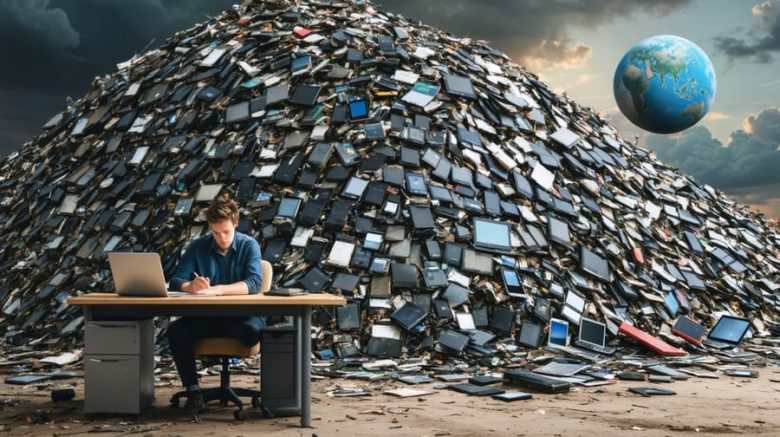 A thoughtful writer at their desk looks over a massive pile of discarded electronics, symbolizing the environmental impact of digital device waste and the global reach of e-waste issues.