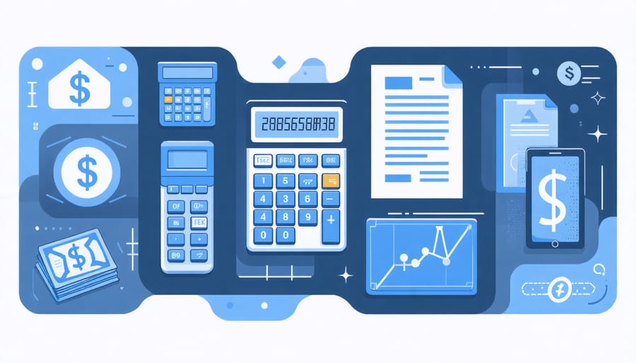 Financial and legal concepts illustrated through icons including tax forms, contracts, and accounting tools