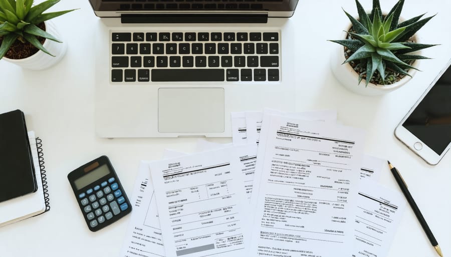 Well-organized home office with tax documents and writing equipment