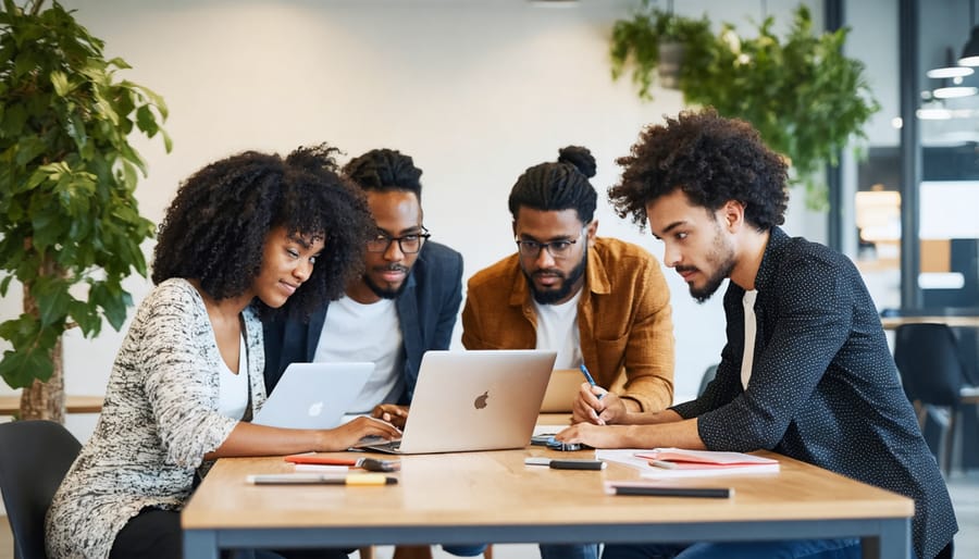 Diverse group of freelance professionals networking and sharing ideas in a bright coworking environment