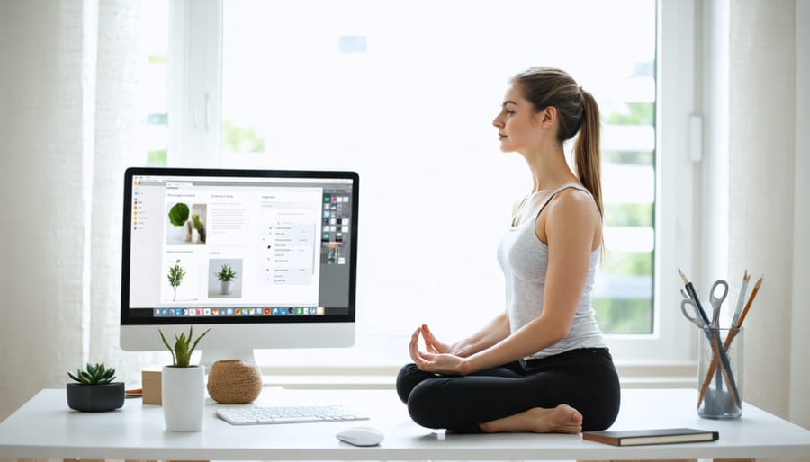 Freelancer practicing wellness activities in a peaceful home office setting with plants and natural light