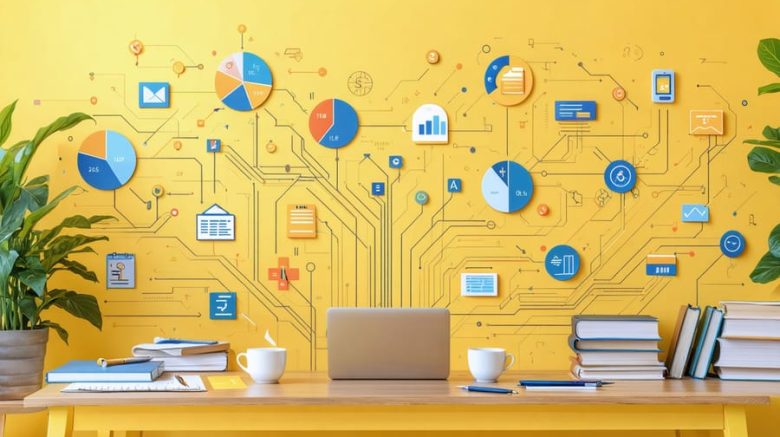 Conceptual illustration showing a freelance writer at a desk, surrounded by financial strategy icons like pie charts, piggy banks, and educational certificates, symbolizing budgeting, saving, and skill-building for financial security.