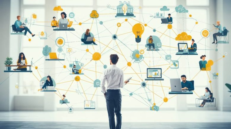 A conceptual illustration showing a freelance writer at the center, surrounded by various icons representing supportive networks, professional organizations, legal and financial resources, and wellness tools, depicting the theme of connected support systems for freelancers.