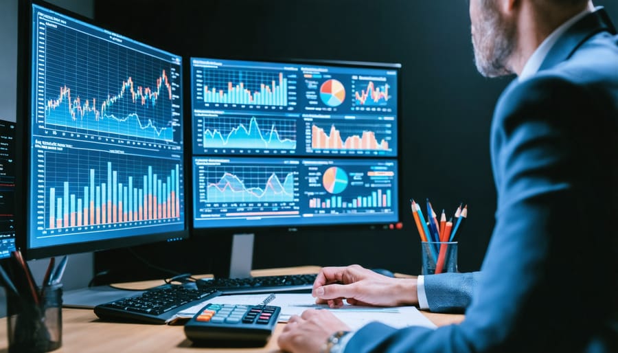 Freelancer analyzing financial data on computer screens with budgeting tools